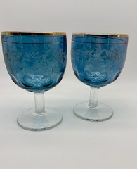 2 Vintage Bartlett Collins Vining Blue Glass Goblets Thumb Print Gold Trim