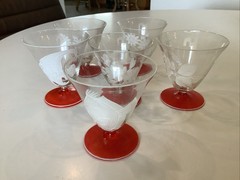 Art Deco Hand Painted Floral & Angel Fish Red Footed Cocktail Glasses WOW
