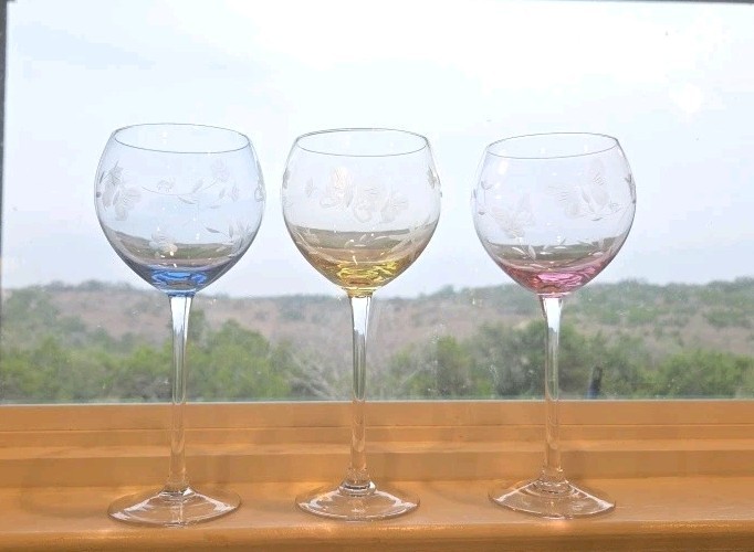Set of 3 Lenox Butterfly Meadow Etched Balloon Wine Glass Goblet 15oz 9”