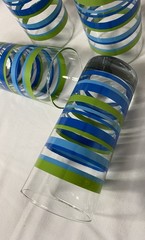 Vintage Water /Lemonade Glossy Green Striped Set of 4 Drinking Glasses Tumblers