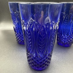 (4) Arcoroc Royal Sapphire Cobalt Blue Beverage Glasses Palm Leaf France 14oz