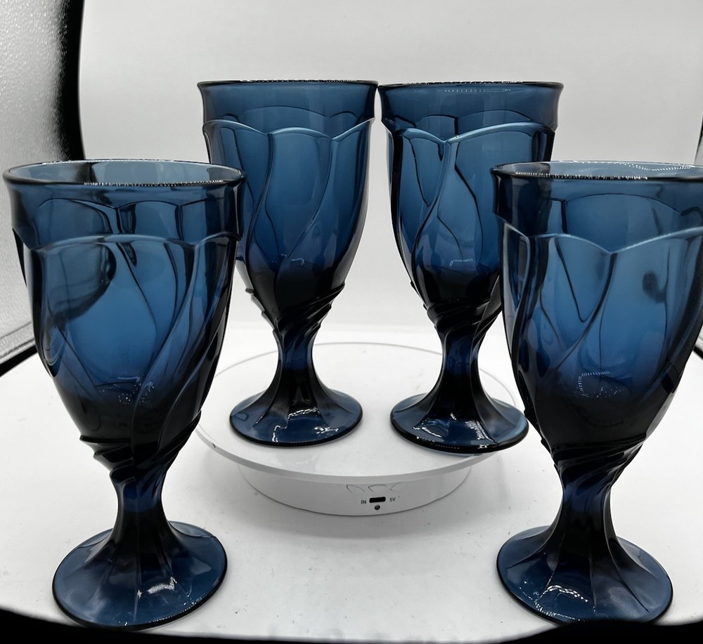 Vintage Noritake Midnight Blue Cobalt Optic Swirl Goblets 4Set Art Glass Goblets