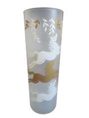 Vintage Libbey Cavalcade Frosted Glass w/ White & Gold Horses 2.5″x 7″