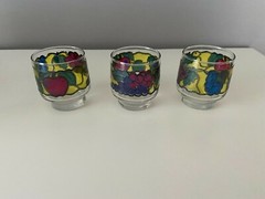 Vintage Libbey Stained Glass Juice Lowball Glasses Fruit Pattern set of 3
