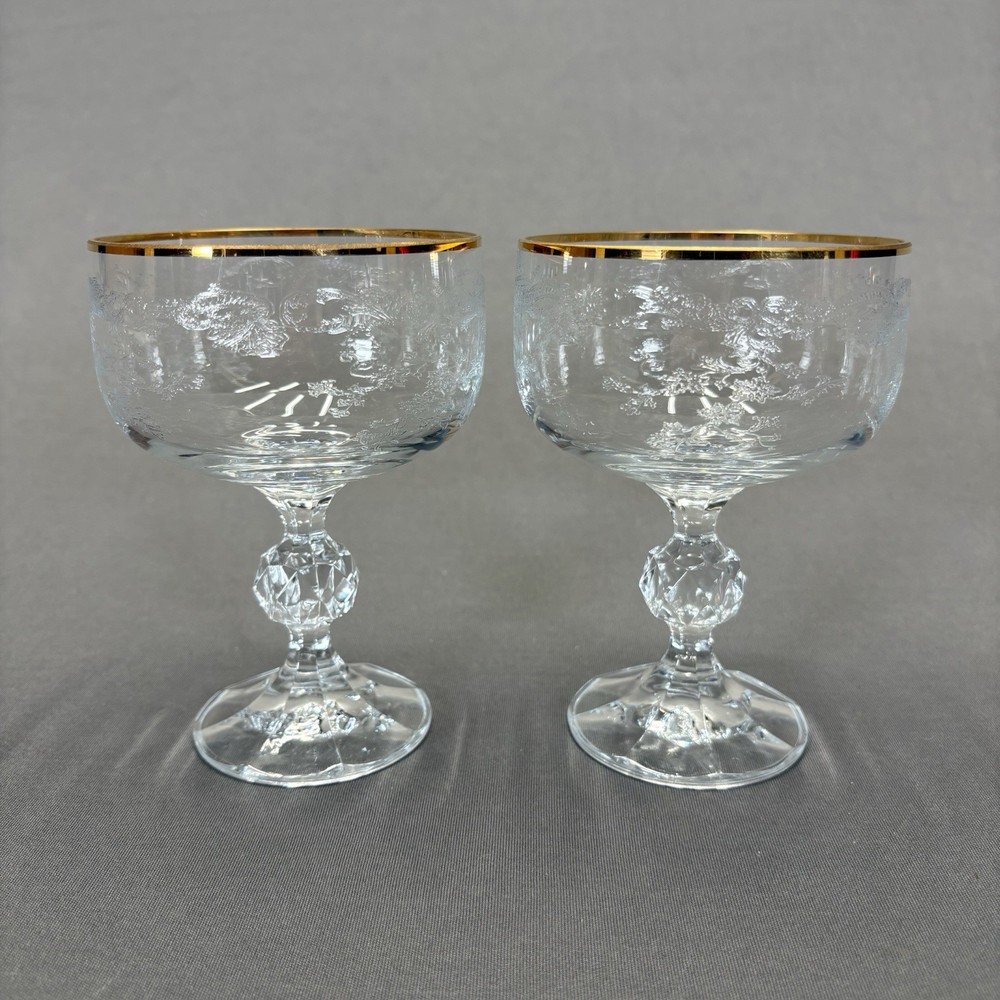 Bohemia Crystal Queens Lace Tall Sherbet Champagne Glass 5″ Set of 2 Gold Trim
