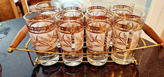Vintage Rare Bar Set Libbey Frosted Golden Wheat 8 Glasses and one carrying tray