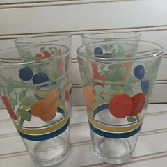 Vintage RARE Gibson Fruit Drinking Glasses Fruit and Floral w/Stripes Set of 4