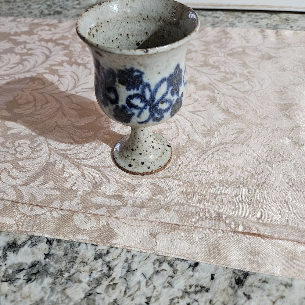 vintage goblet, egg stand or rinse cup, beige with blue design