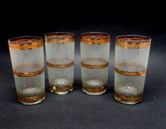 4 Culver Ltd Glass ICICLE TUMBLERS 22kt gold bands with Frosted-Ridged Texture