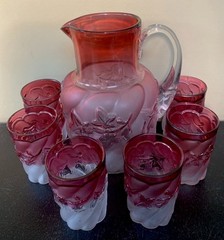 ANTIQUE 1890 NORTHWOOD ROYAL IVY FROSTED RUBINA PITCHER W/6 GLASSES-SHES A BEAUT