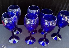 Set Of 7 Vintage Libbey Glass Cobalt Blue Wine Glasses EUC