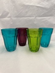 Pasabahce Palaks Glass Thumbprint Juice Glasses Jewel Colored, set of 4.