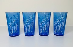 4 GOLF-TENNIS Hazel Atlas Cobalt Blue Tumblers Sportsmen’s Series 1930s 5″ 8 oz