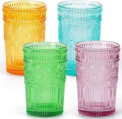 MDLUU Set of 4 Colored Embossed Glass Tumblers 12oz