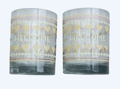 Vtg 80s Libbey Country Welcome Heart Needlepoint Drinking Glass Tumbler Set 2