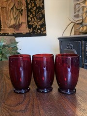 Vintage Set Of 3 Anchor Hocking Glass Ruby Red Footed Tumblers- 12 Ounces