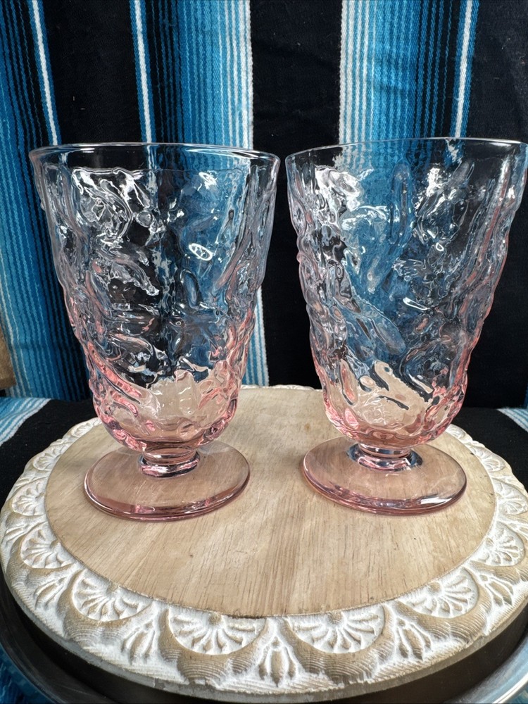 VTG Seneca Driftwood Pink Crinkle Glass Footed Water Goblets MCM Set Of 2