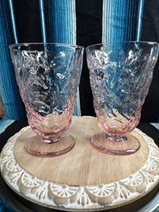 VTG Seneca Driftwood Pink Crinkle Glass Footed Water Goblets MCM Set Of 2