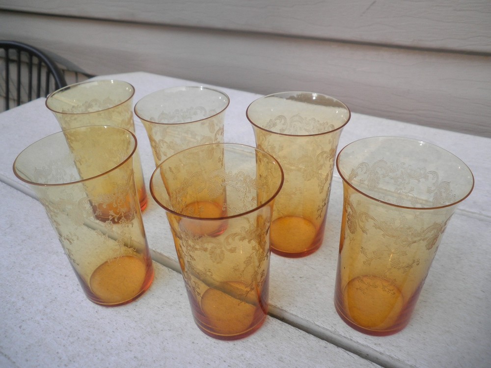 6 Antique Amber Shell & Scroll Etch Tiny Flat Tumblers Flare Top Art Deco Period