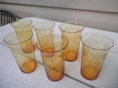 6 Antique Amber Shell & Scroll Etch Tiny Flat Tumblers Flare Top Art Deco Period