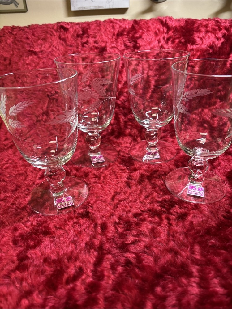 Vintage Lot of 4 Etched Glass Wheat Pattern Wine / Water Goblets Glasses