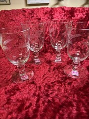 Vintage Lot of 4 Etched Glass Wheat Pattern Wine / Water Goblets Glasses