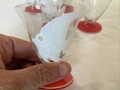 Art Deco Hand Painted Floral & Angel Fish Red Footed Cocktail Glasses WOW
