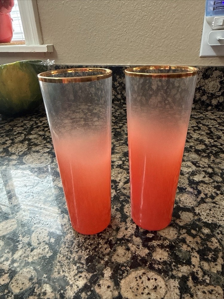 Set of 2 Vintage Tom Collins Highball Glasses MCM Blendo Orange/Pink Frosted 6”