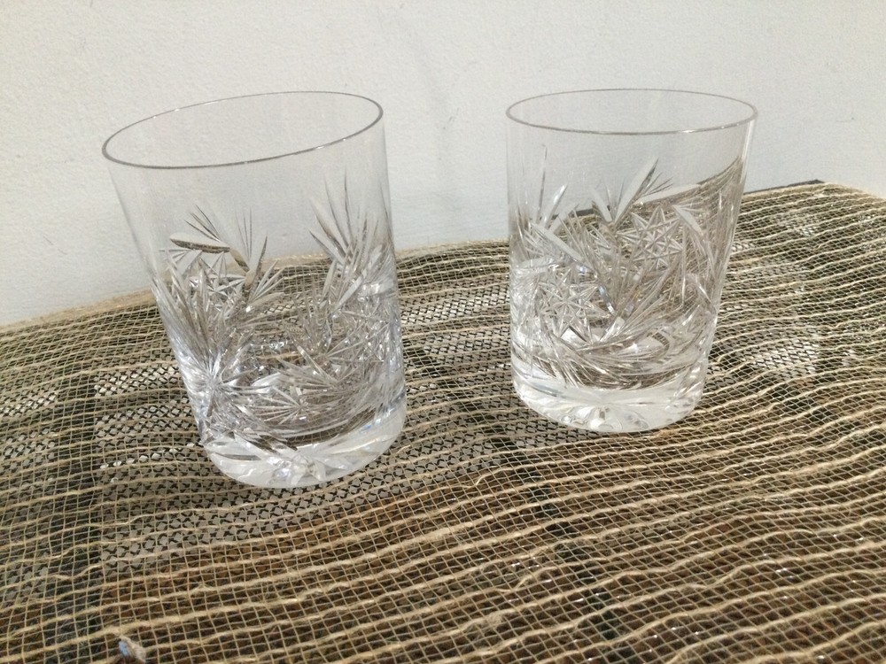 Vintage Crystal Hand Cut Pinwheel Fan 2 Whiskey Rocks Glasses 3.5″hX2.5»w