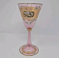 Venetian Enameled Figural Landscape Scene Pink Wine Glass 7 1/4″ #1