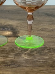 4-Vtg Weston Pink & Green Watermelon Paneled Etched Elegant Wine Glasses UV Glow