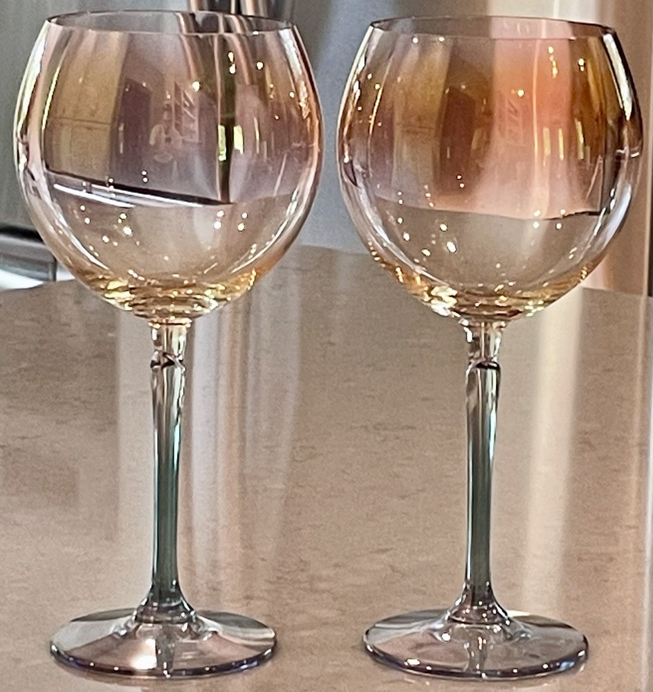 2 VTG Iridescent Colony Glass Brigitte Rose Wine Stem Glasses Excellent 8.25″