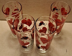 4pc VTG Love Bug Tall Slim Tom Collins Bar Tumbler Glasses Red Ladybugs Hearts