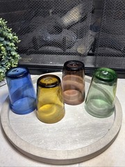 Set of 4 Hand Blown Mexican Art Drinking Glass Tumblers -Amber Blue Green Brown