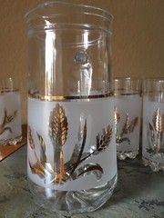 VINTAGE Frosted Glass DeValBor Pitcher 6 Glasses Golden Wheat Spikelets Preowned