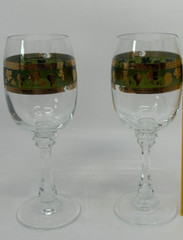 Set of 2 Unbranded Wine Glasses Golden Grapes and Leaves on Green Band Pattern