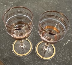 Vintage Set of 2 Footed Shot Goblets Toasting Glasses Clear Brown Gold