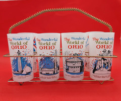 Vtg 1960s Wonder World of Ohio Frosted Glass Set of 8 (2 dup) w/ Wire Carrier