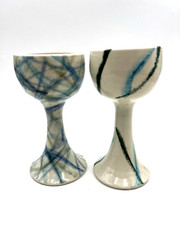 Art Pottery Goblet Chalice Blue and Green Artist Signed Set of 2
