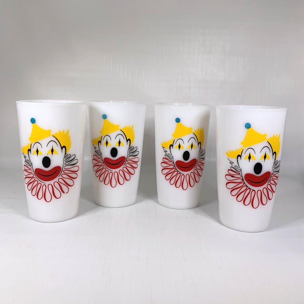 Vintage 1950s Circus Clown Tumblers Hazel Atlas Milk Glass Bozo Set 4 Novelty