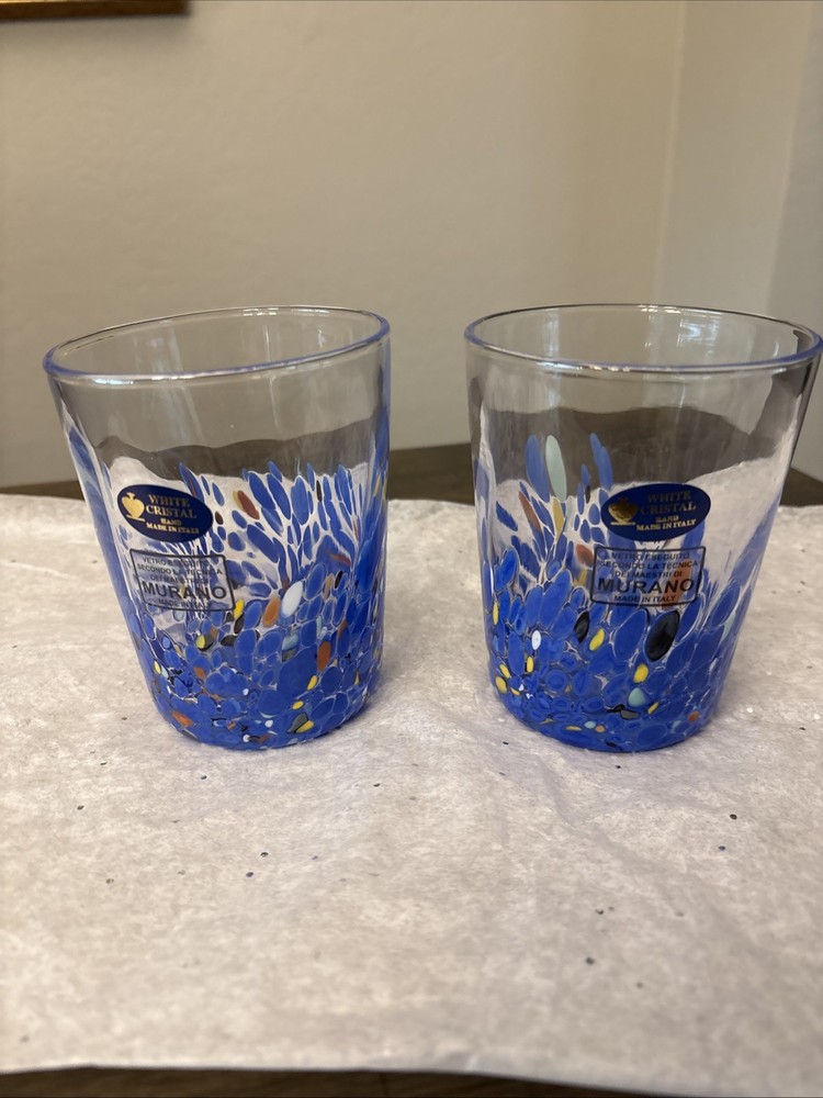 Murano Blue Confetti Drinking Glasses Made In Italy Handmade 8 oz
