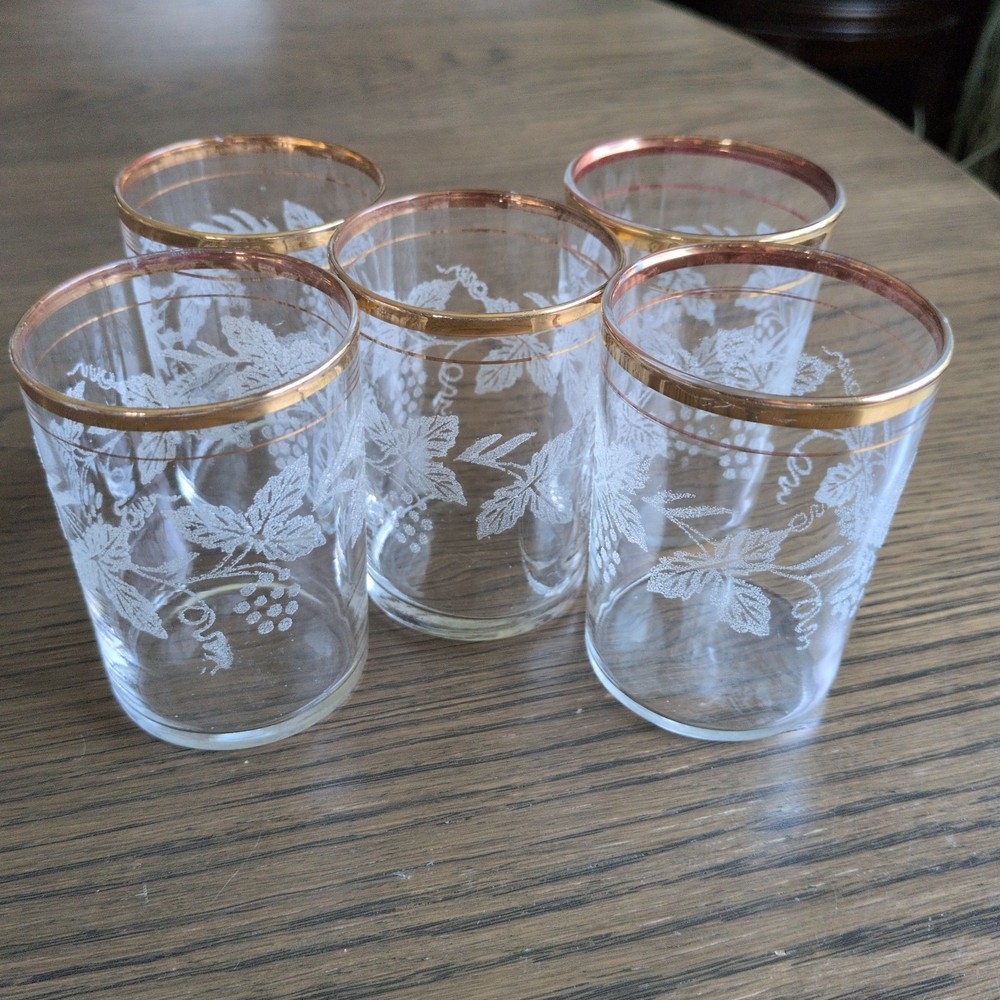Vintage Bartlett Collins GRAPEVINE Juice Wine Glasses 3″ Gold Trim Set Of 5