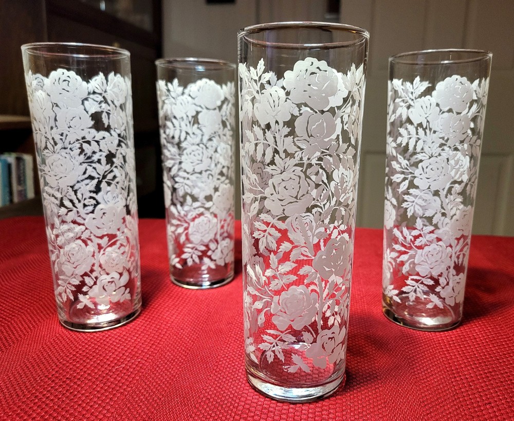 Set of 4 MCM 1950s 7″ Libbey OLD LOGO *WHITE ROSES + LEAVES* TOM COLLINS Glasses