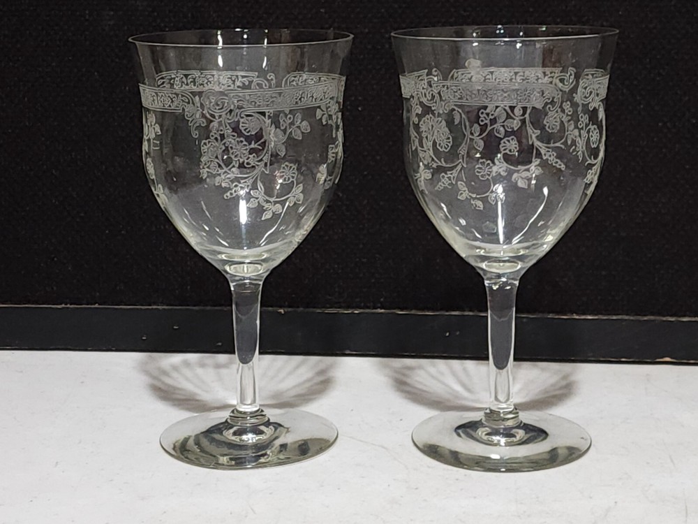 RARE- SET OF 2- Elegant Glass Central Glass Works Etch 11 Water Goblets