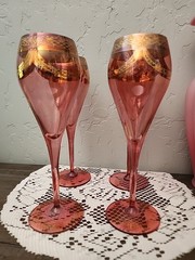 4 Cristal Mode Pink Rose With Gold Trim Wine Glasses