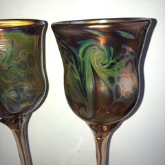 Lot of 2 Chalice 9inch FISKE [US b 1949] Dichroic Iridescent Floriform Art Glass