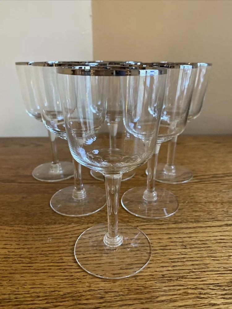 SET OF 6 Mid Century Mod Silver Platinum Rim 6-oz White Wine Glasses