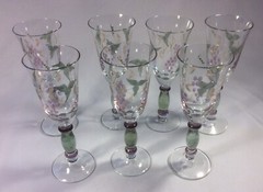 Blown Wine Glass Clear With Colored Etching Grape Vine Pattern Set Of 7 No Box