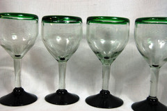 Set of 6 Handblown Artisan Sangria Wine Glasses Clear Green Trim