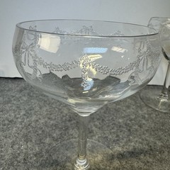 2 Antique Central Glass Works Etch 14 Optic Water Goblets Wine Tall StemGlasses